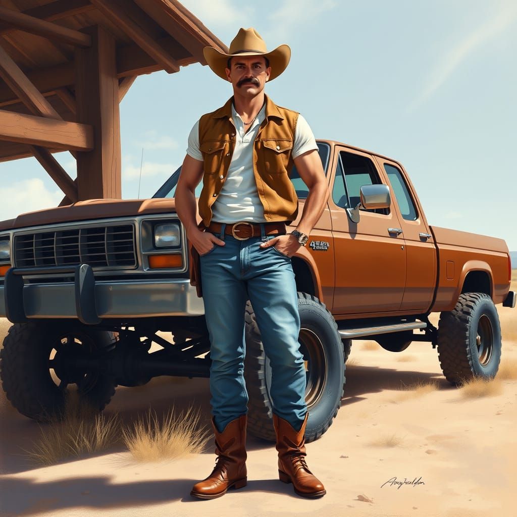 Cowboy with Truck: Gouache Detailed Painting