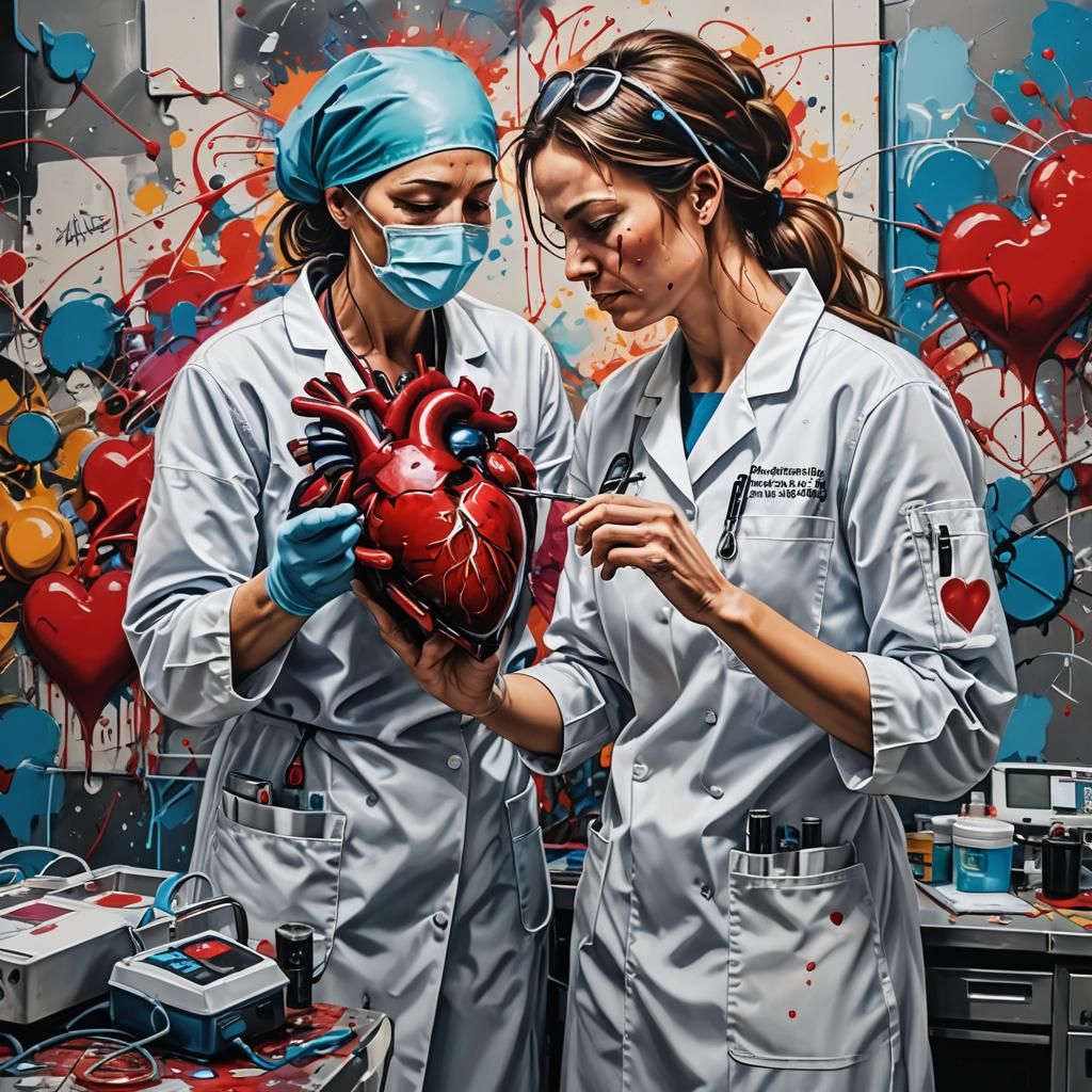 Surgeon Excising Heart in Graffiti Art Style