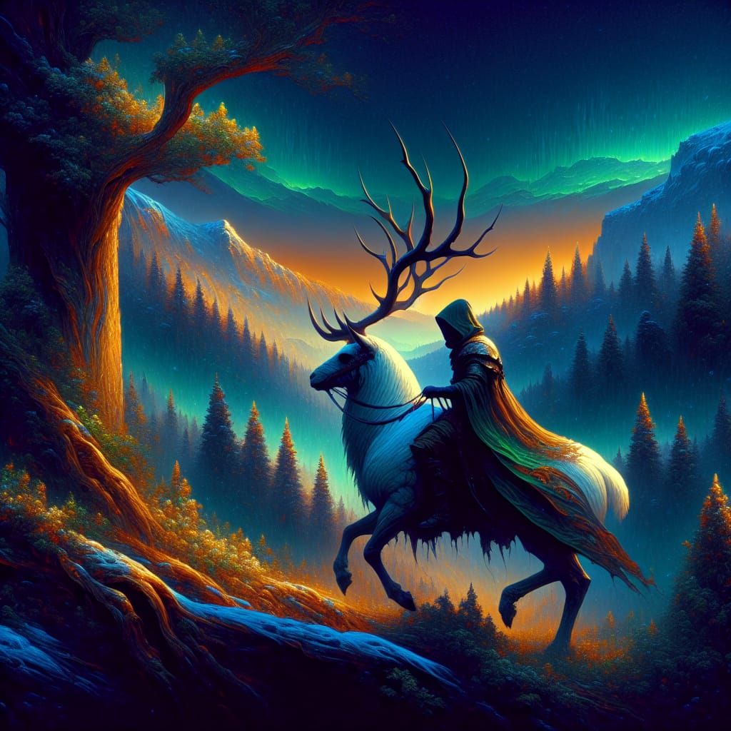 Druid on White Elk in Hyperrealistic Fantasy Landscape