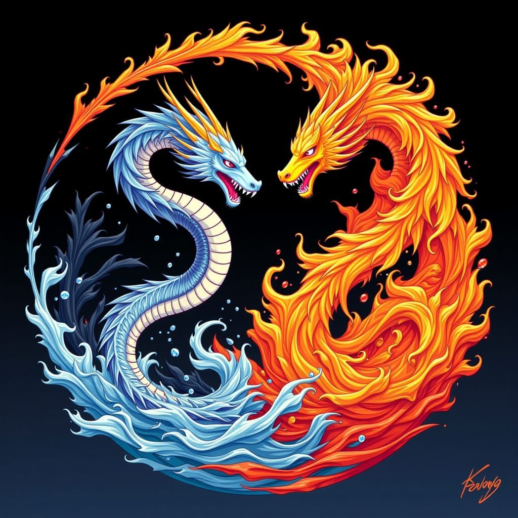 Serpentine Water & Lava Creatures in Yin Yang Symbol