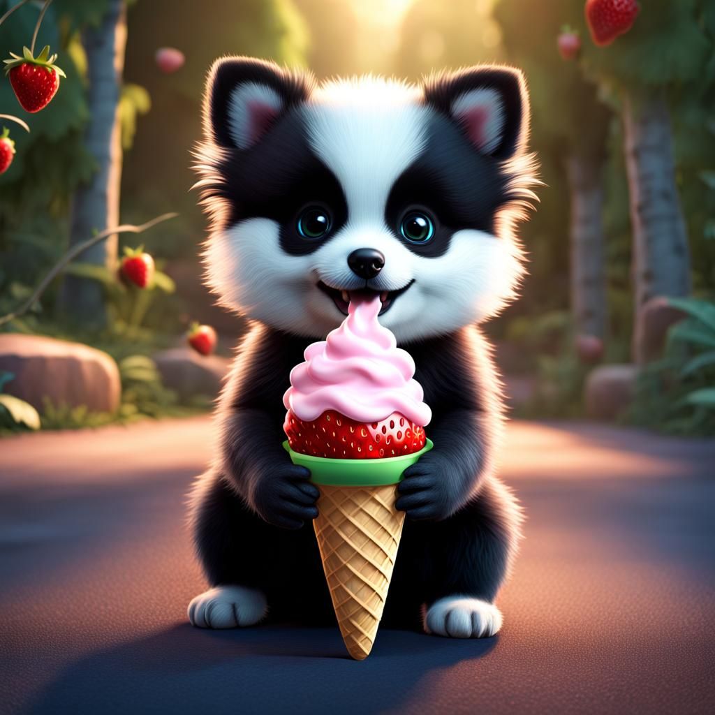 Pomeranian Puppy in Panda Costume with Ice Cream