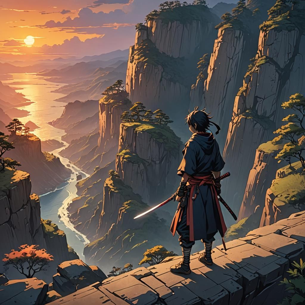 Anime Figure Contemplates Sunset with Katana