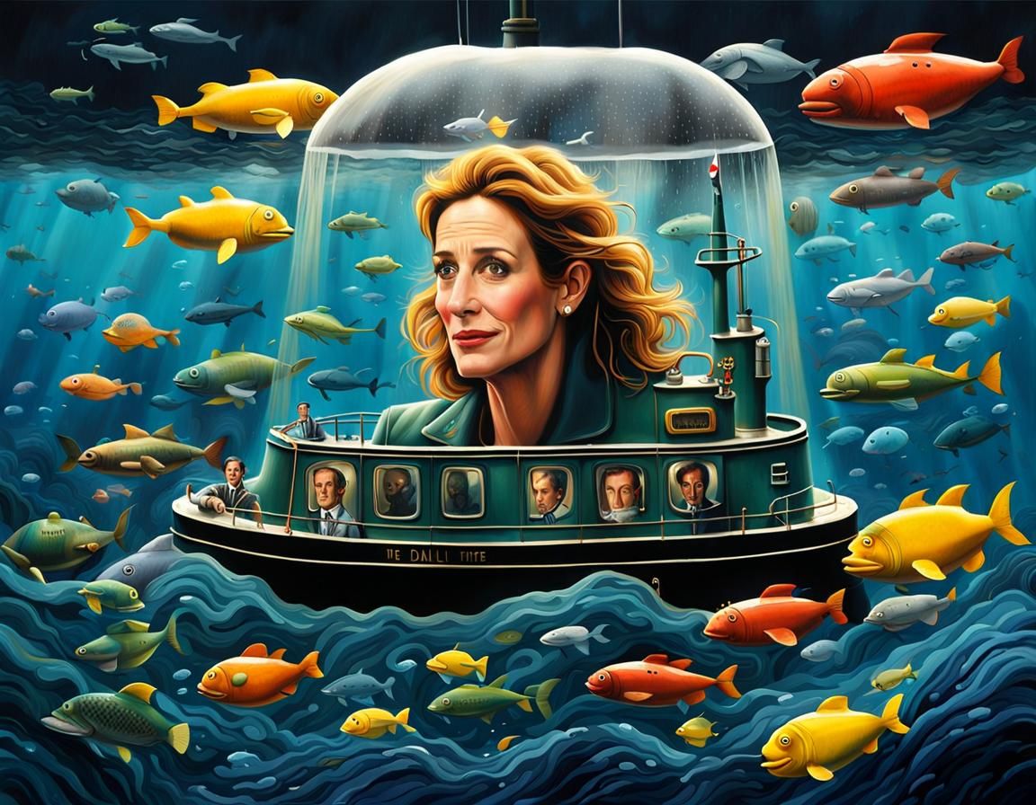 Surreal Submarine Adventure with Cartoon Characters