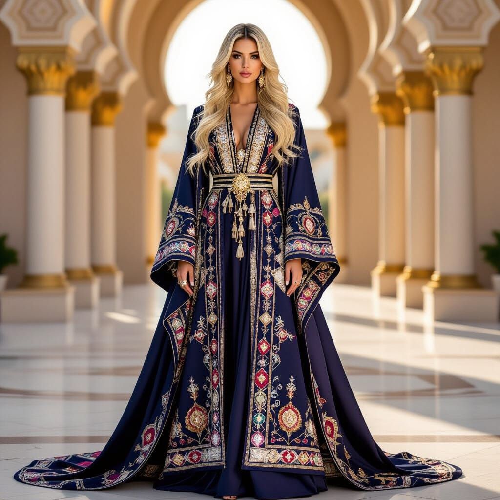 Regal Blonde in Opulent Abaya: A Digital Fashion Portrait