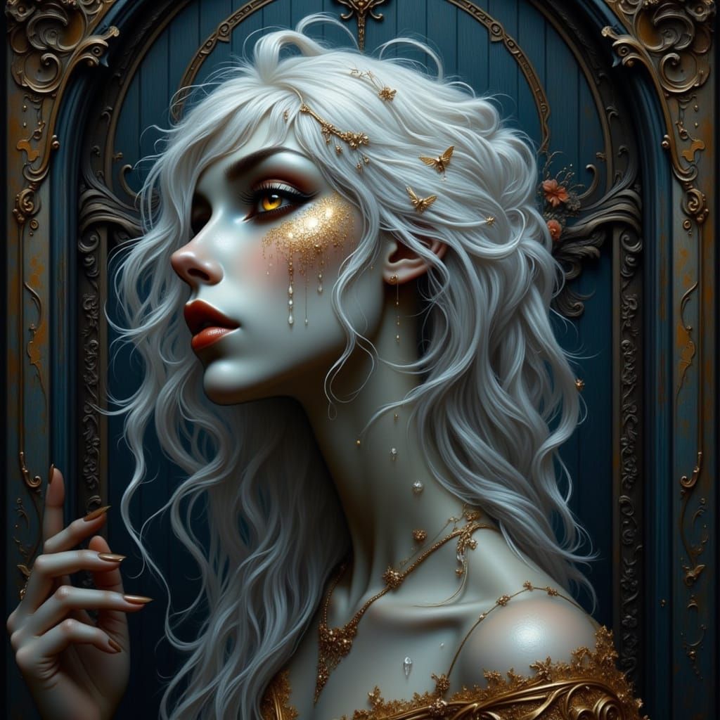 Witchy Woman Dancing in Rain, Art Nouveau Style