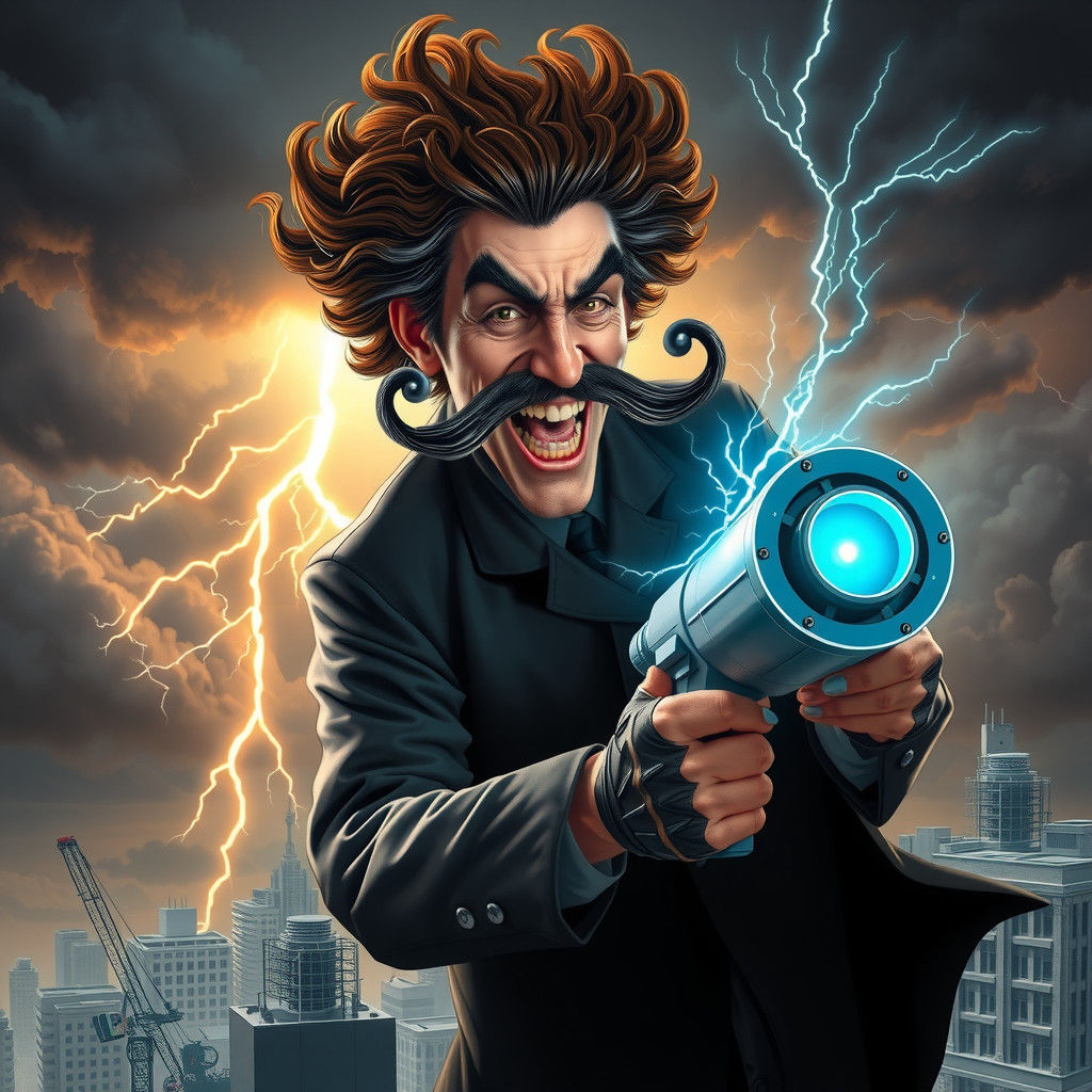 Sci-Fi Mad Scientist Villain Over Cityscape