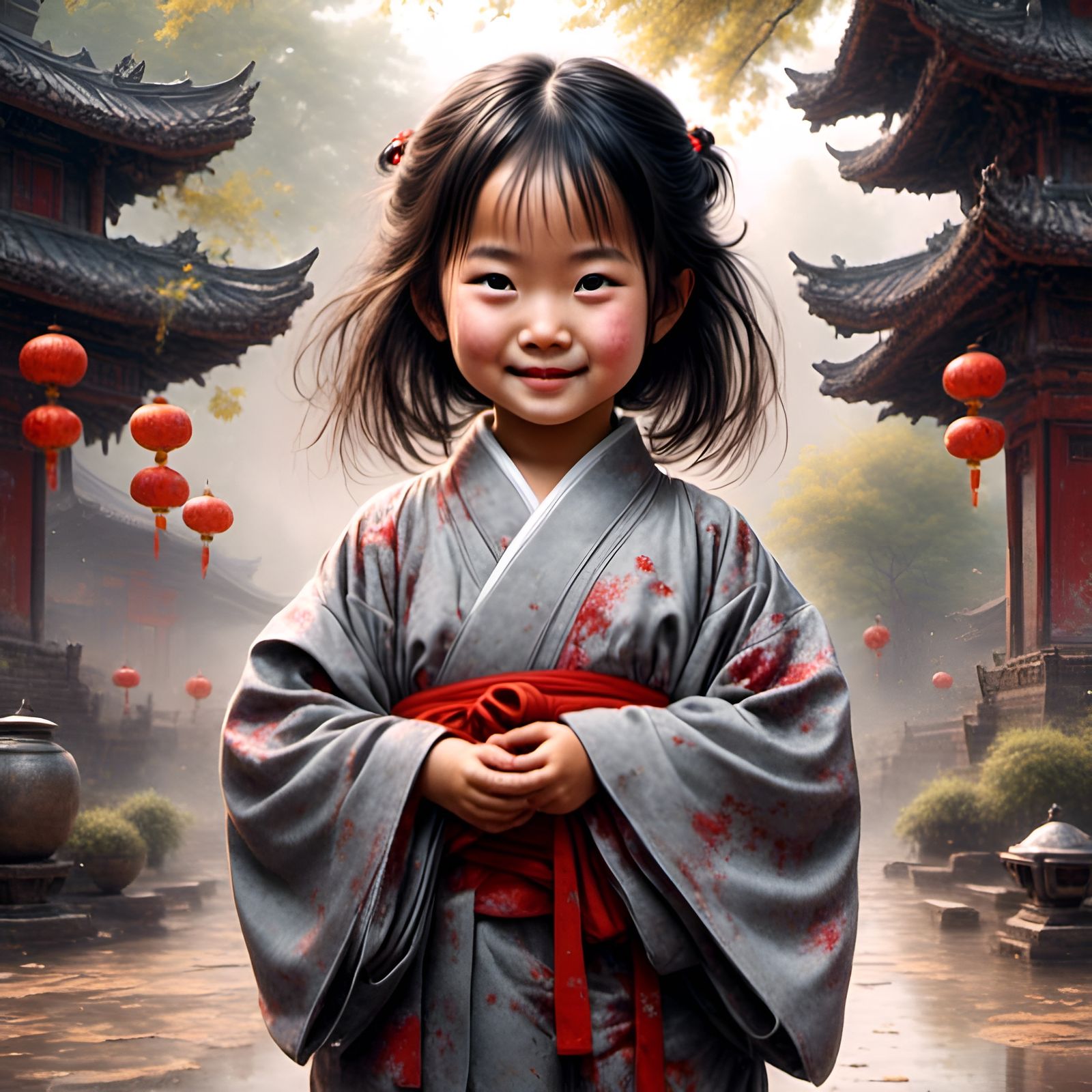 Adorable Chinese Girl in Grey Robe, Graffiti Style