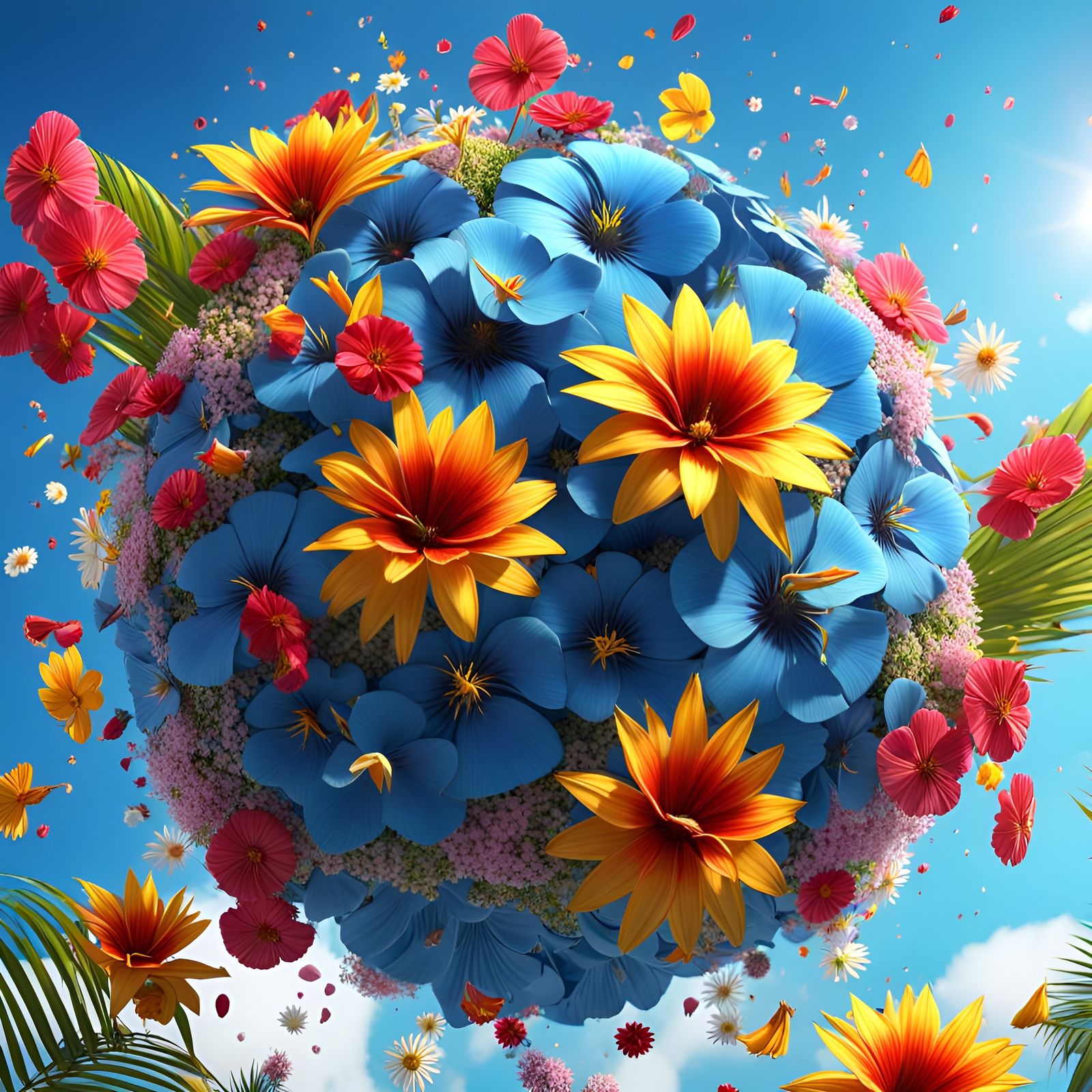 Flower Bomb Explosion in Summer Sky, 3D Render