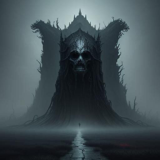 Eerie Shadow Figure in Misty Landscape