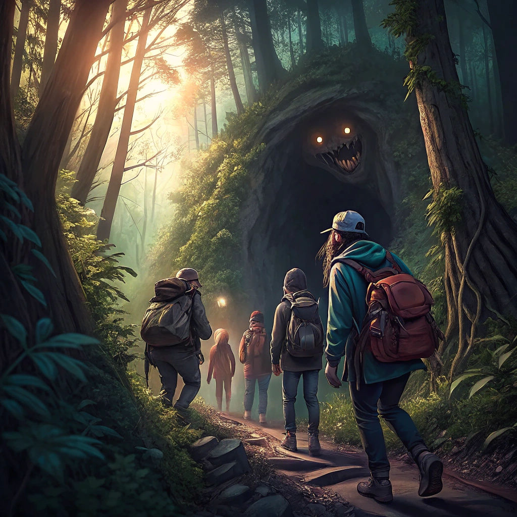Friends Exploring Cave Encounter Monsters: Surreal Art