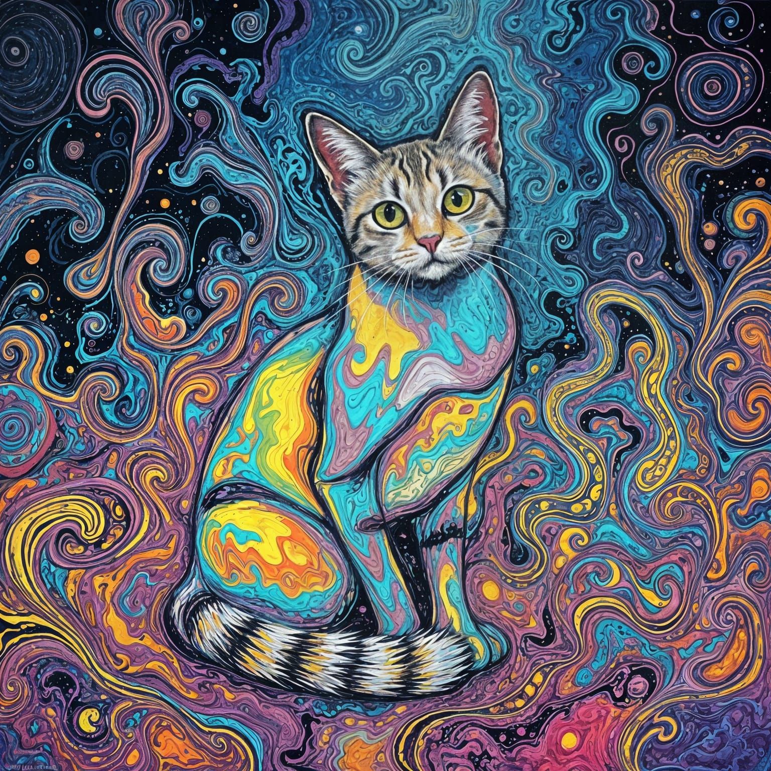 Vibrant Impasto Swirling Cat