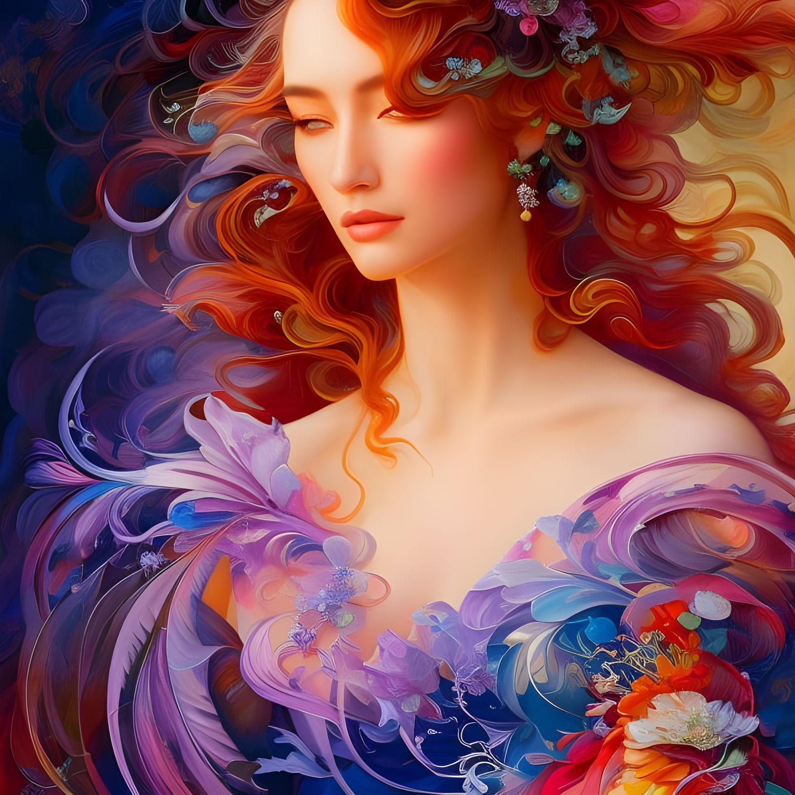 Ethereal Woman in Gossamer Gown: Fluid Gouache Painting