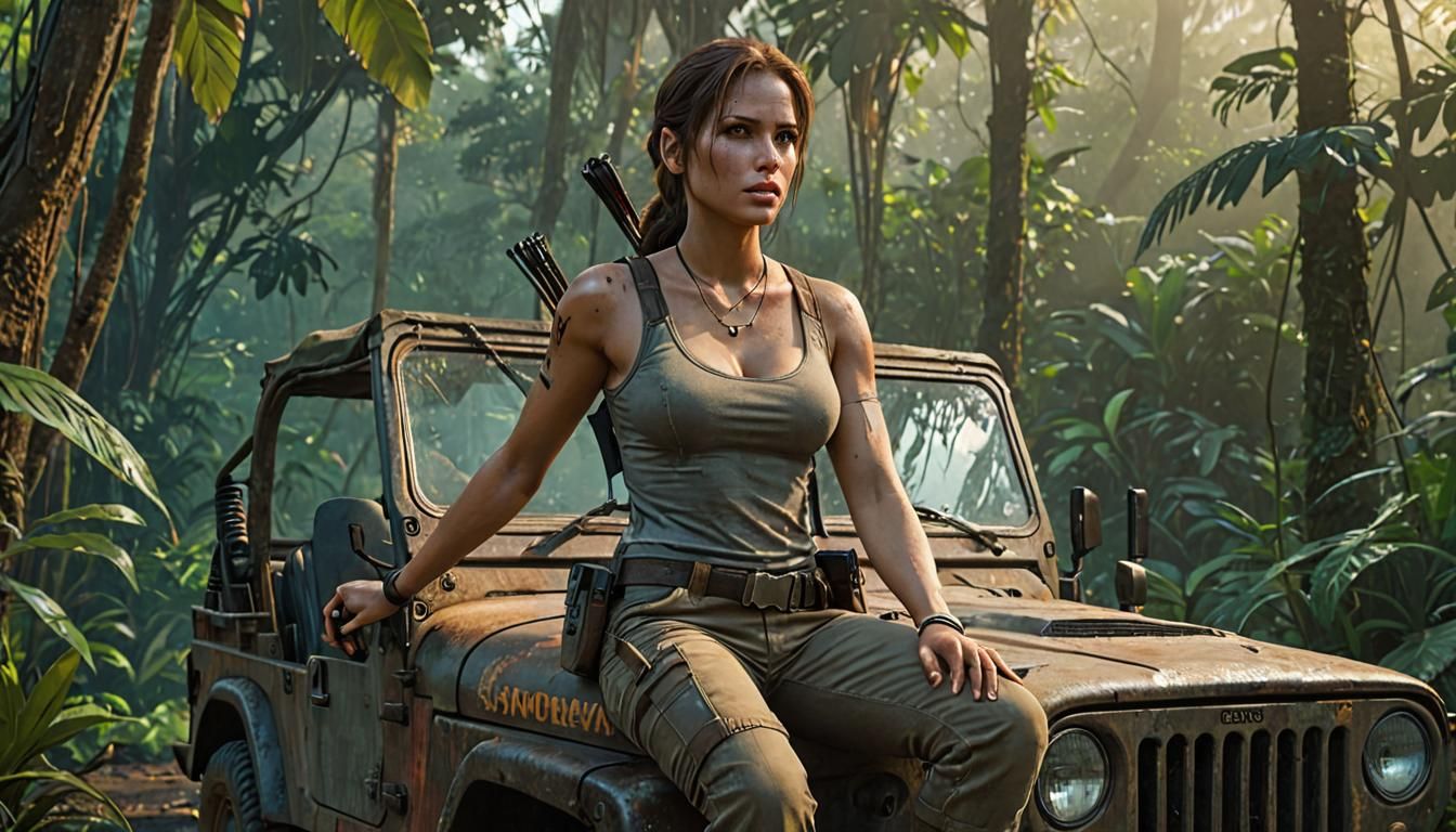 Lara Croft in Jungle, Dystopian Futurism Style