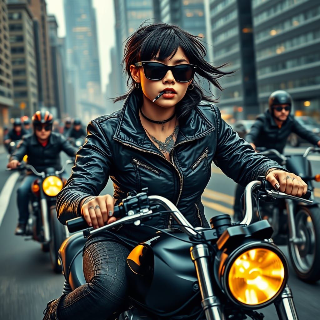 Rebellious Teenage Girl Motorcycle Rider in Street Art Style
