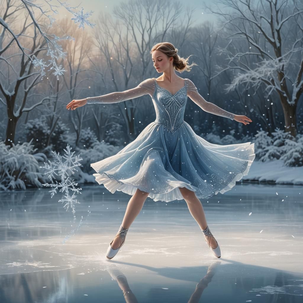 Figure Skater on Frozen Pond in Matte Painting Style