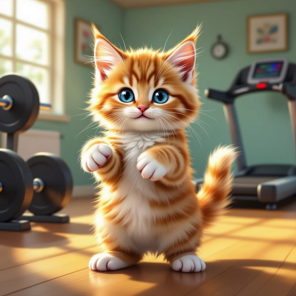 Muscular Kitten Balancing in Gym