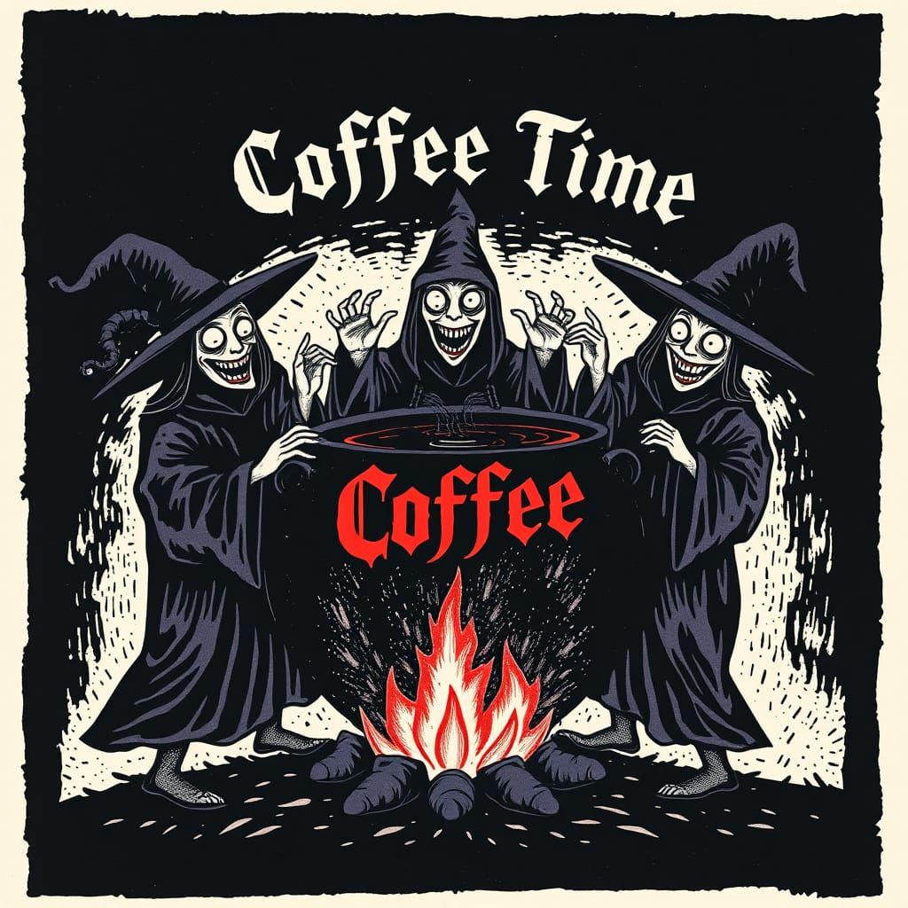 Witches Dance Around Dark Coffee Cauldron in Eerie Linocut S...