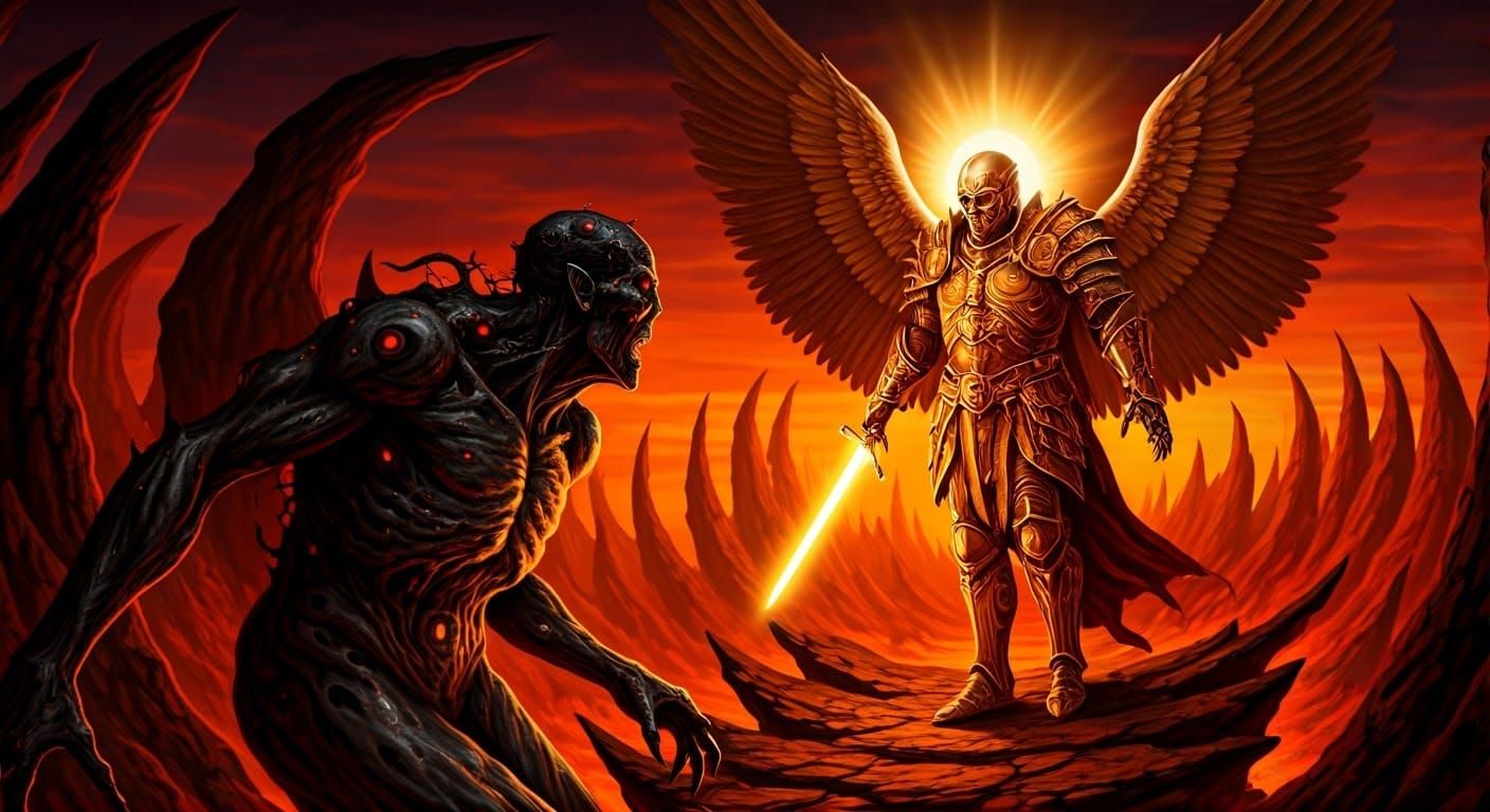 Grotesque Demon Confronts Golden Archangel in Hellish Landsc...