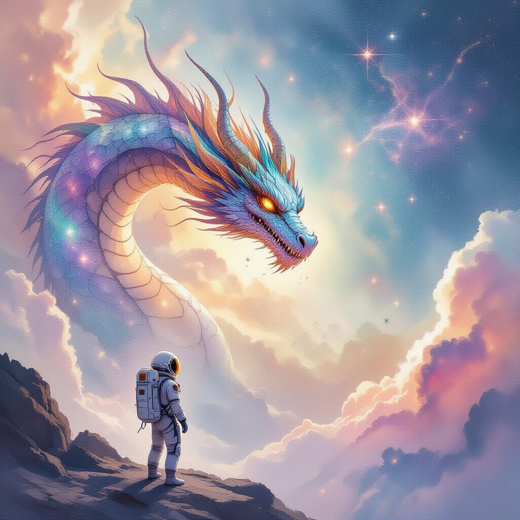 Astronaut Encounters Cosmic Dragon in Pastel Nebula