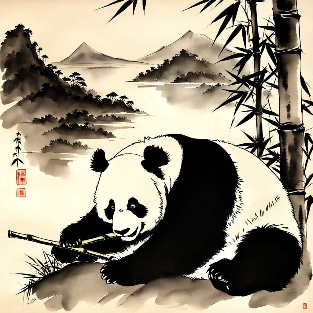 Panda Eats Bamboo: Sumi-e Ink Wash Painting