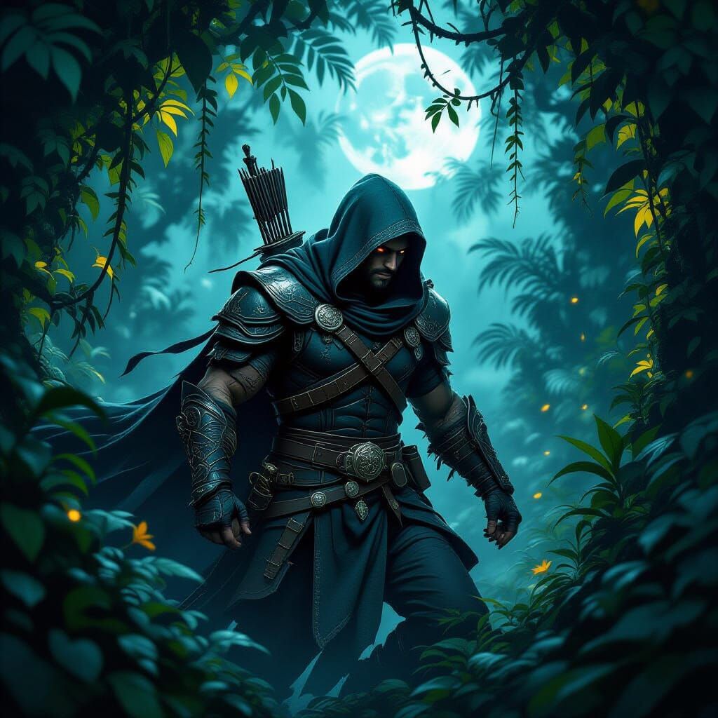 Rogue in Moonlit Jungle Canopy, Dark Fantasy Art