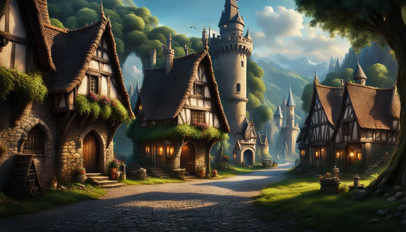 Epic Fantasy Village Road with Knights and Castle