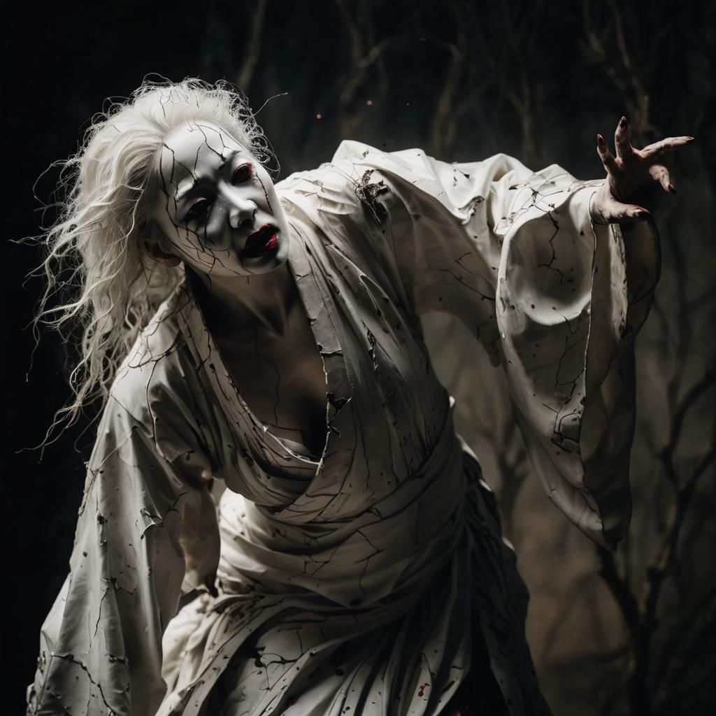 Cracked Porcelain Butoh Dancer in Dark Fantasy Style