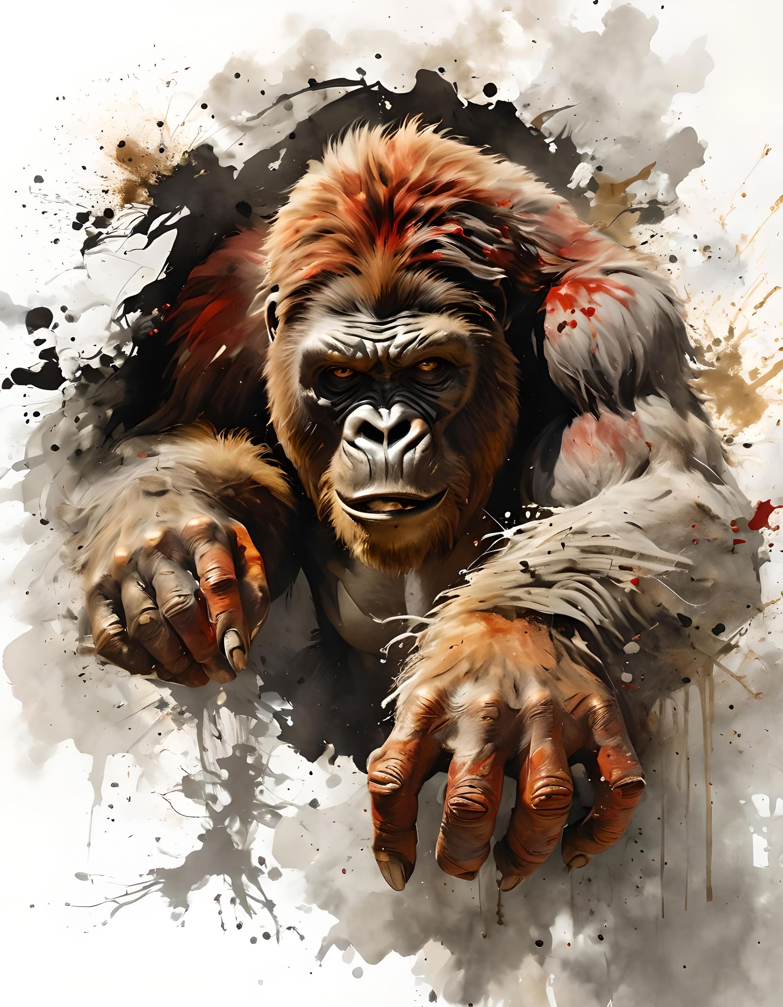 A (furious) gorilla runs through a white wall, pulverizing i...