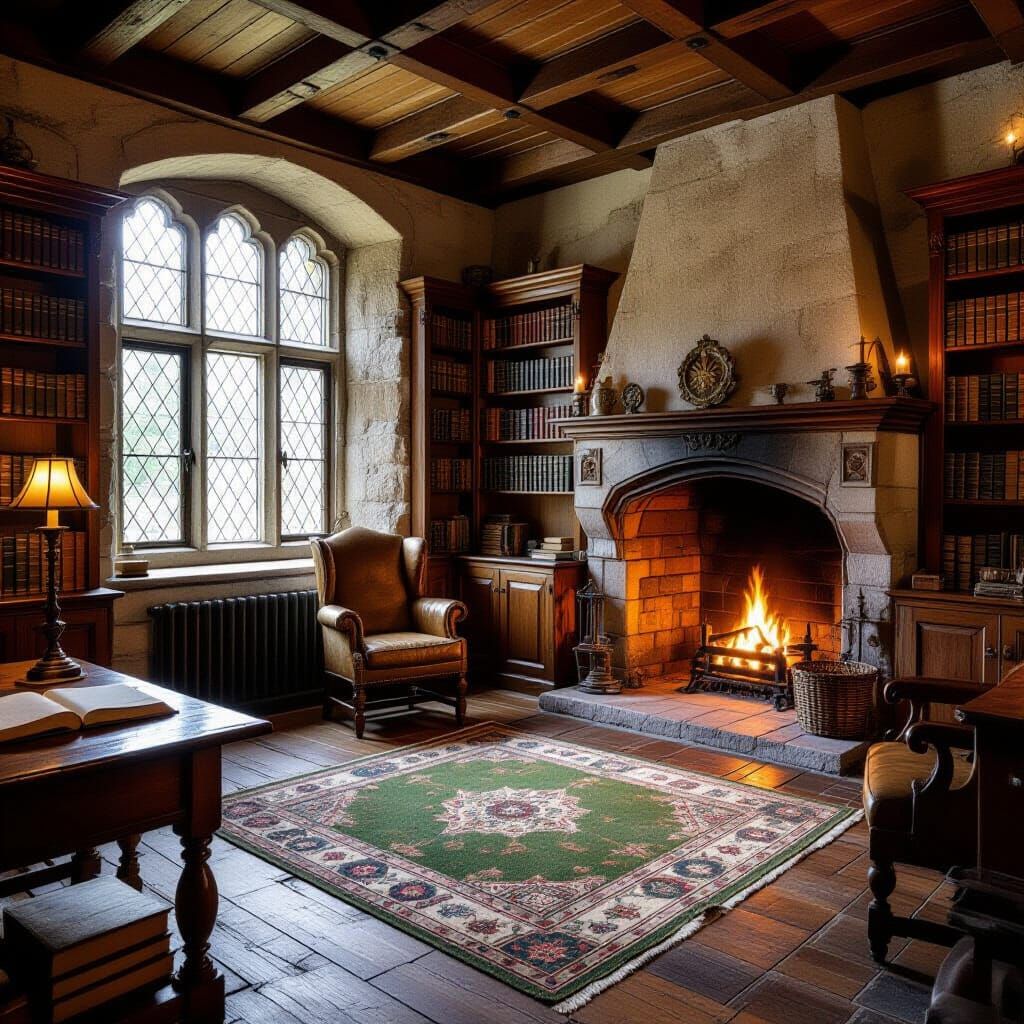 Serene Medieval Library in Rembrandt and Vermeer Style