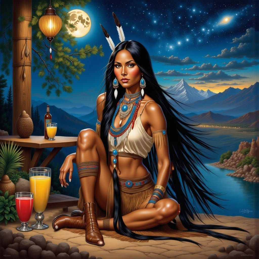 Native American Woman Enjoying Juice on Terrace Bar