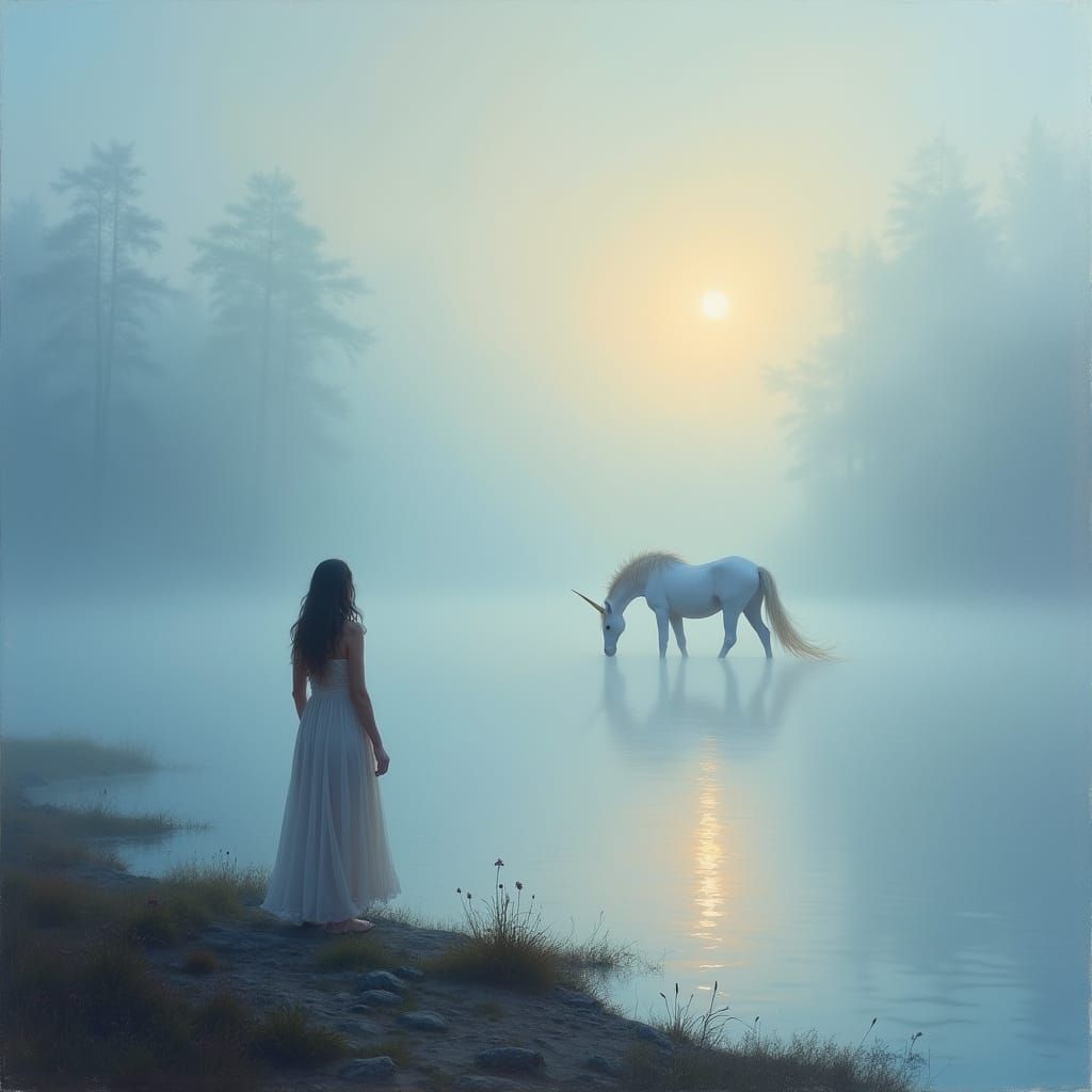 Woman by Misty Lake at Dawn with Unicorn, Oil Painting