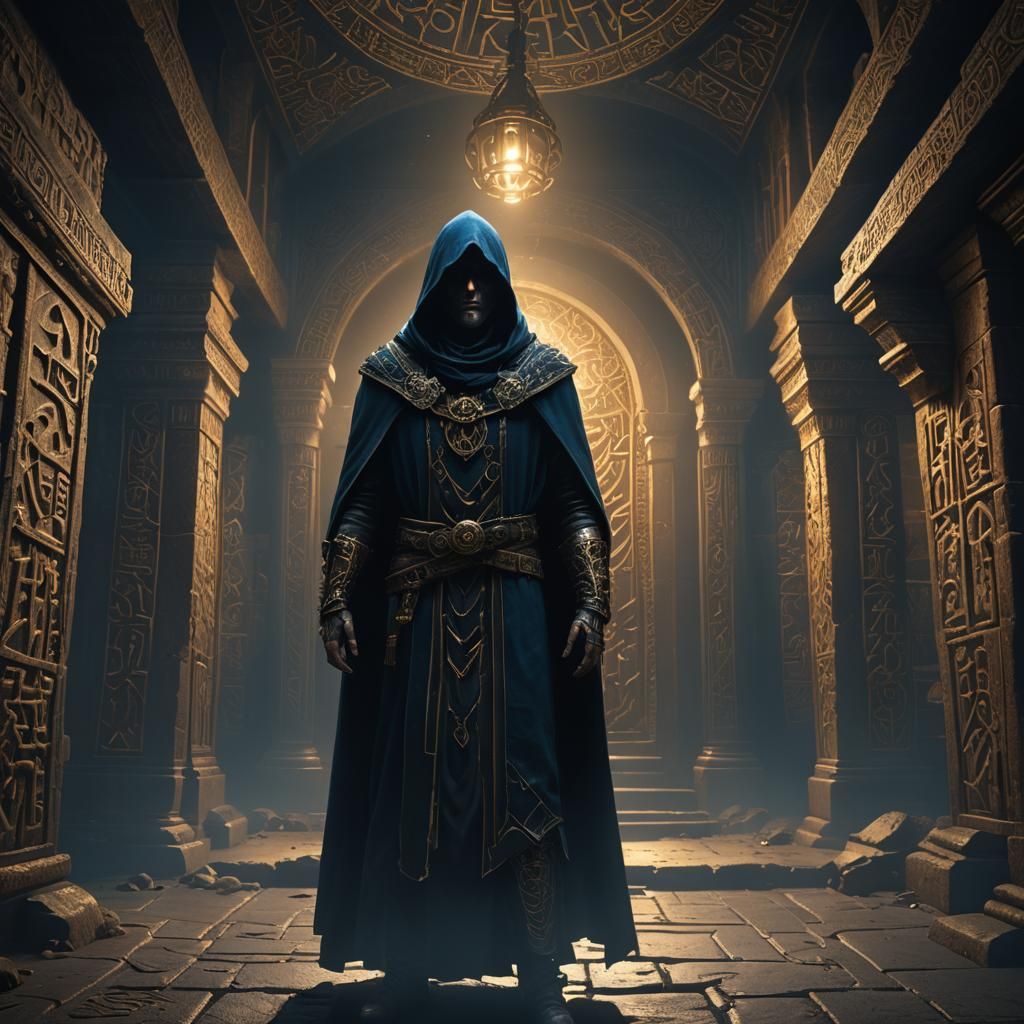 Mysterious Hooded Figure in Ancient Chamber