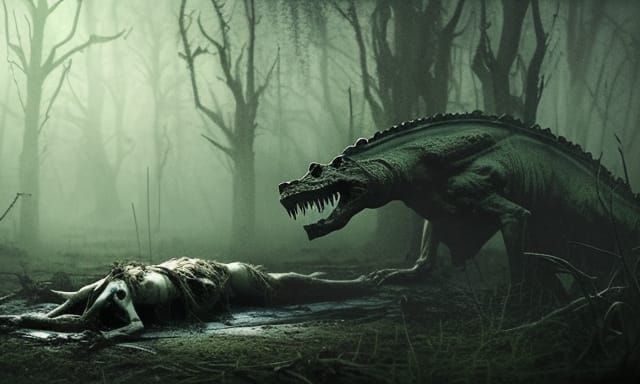 Feral Beast with Crocodile Skull Mask in Dark Swamp