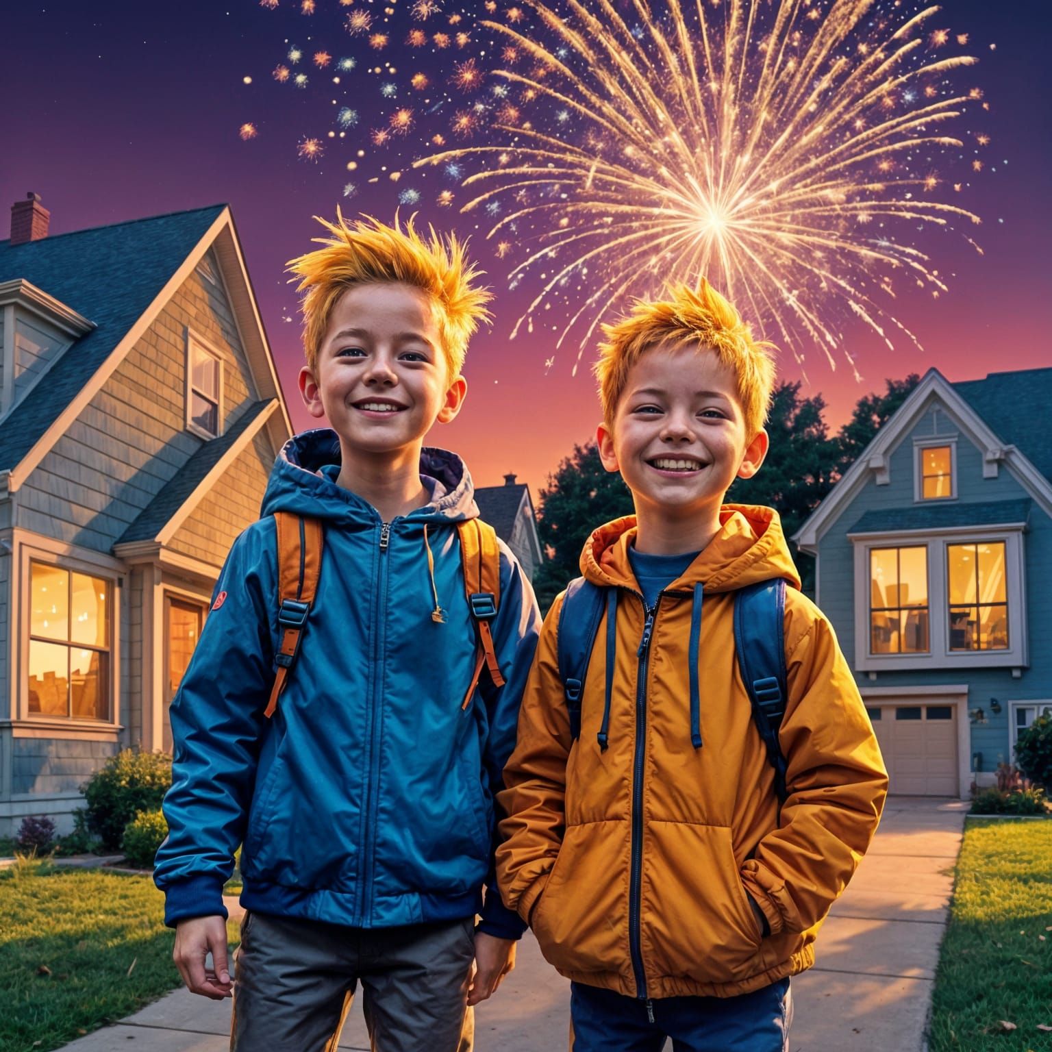 Cartoon Twins Watch Fireworks Display