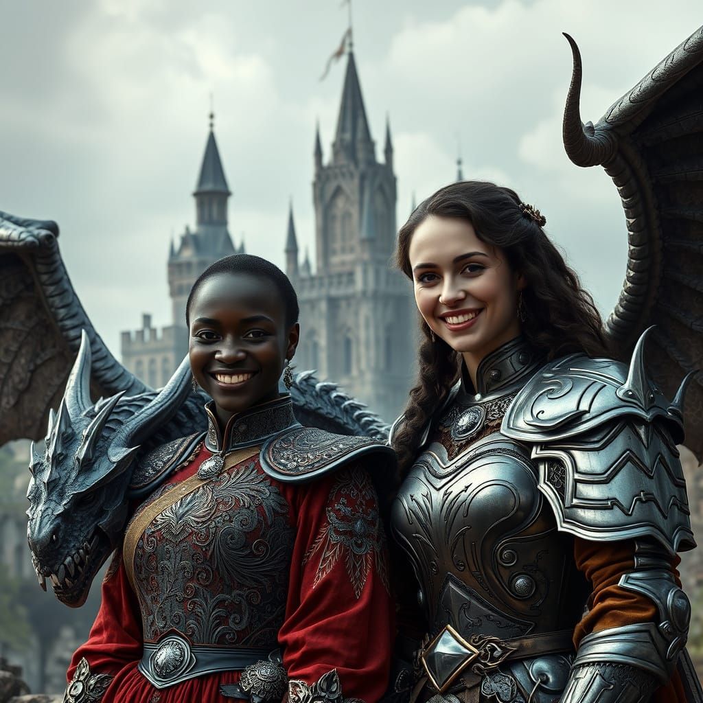 Two Smiling Women with Dragon and Medieval Castle
