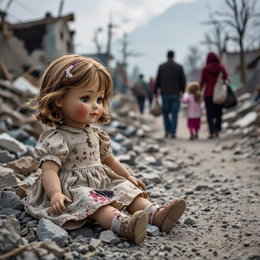 Sorrowful Doll in Wasteland: Emotional Cinematic Image