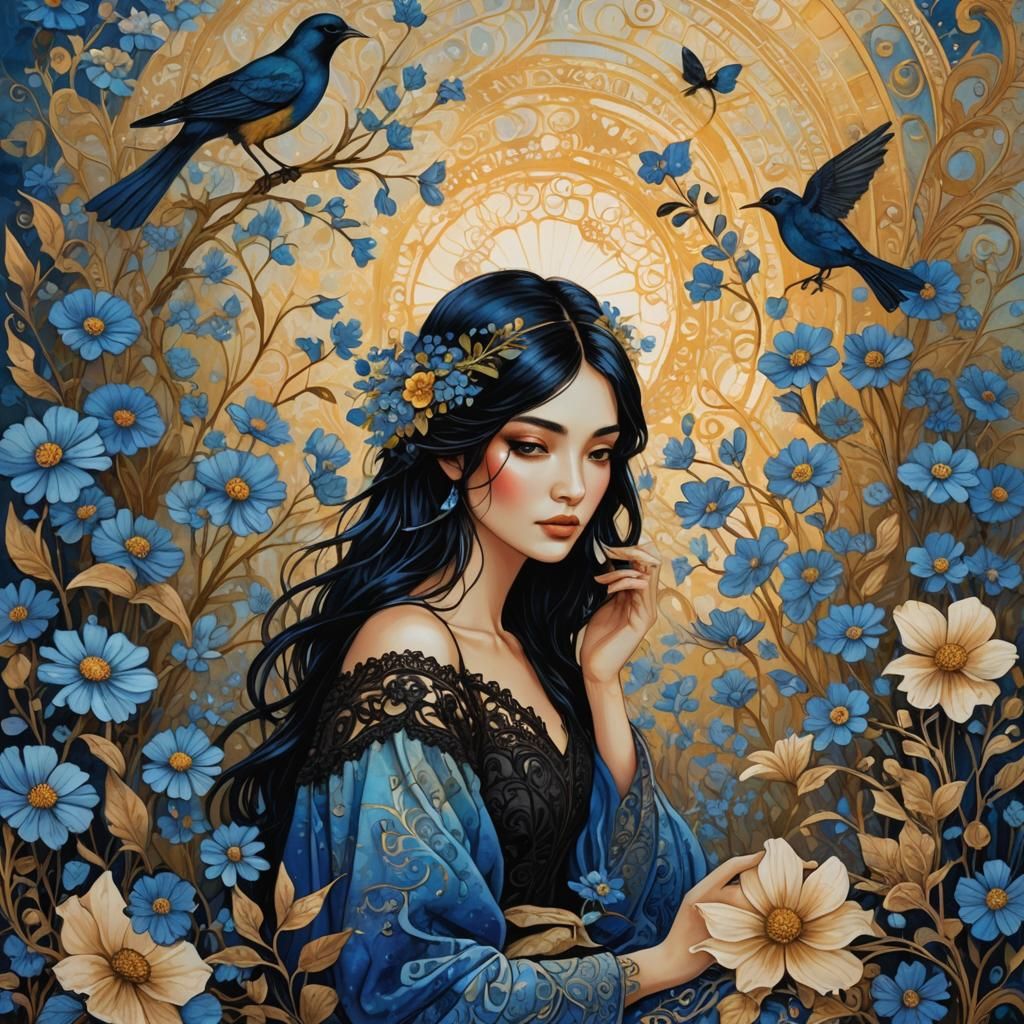 Bohemian Girl with Bird in Fantastical Realism Art