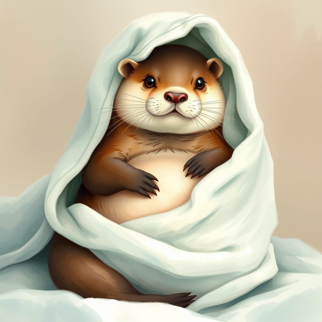 Pregnant Otter in Towel, Watercolor Art