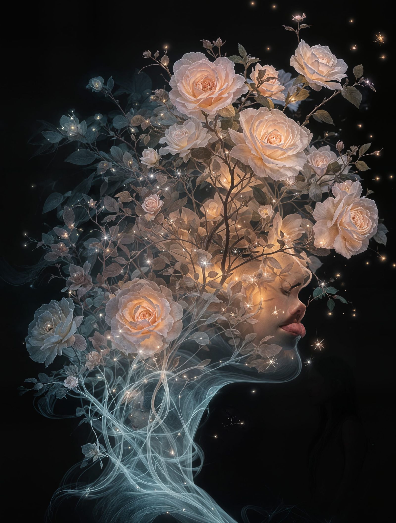 Serene Ethereal Rose Goddess with Diaphanous Blooms