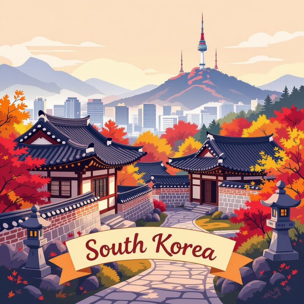 Vibrant South Korea Travel Sticker: Hanok Village & Seoul