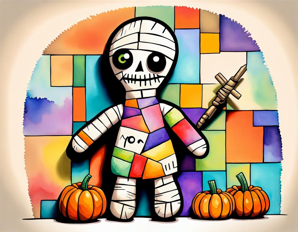 Halloween Voodoo Doll Mummy in Cubist Aquarelle