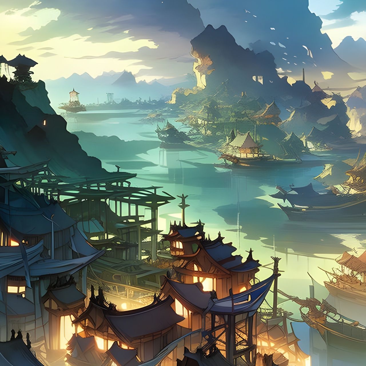 Floating Village: Watercolor Fantasy Art in Anime Style