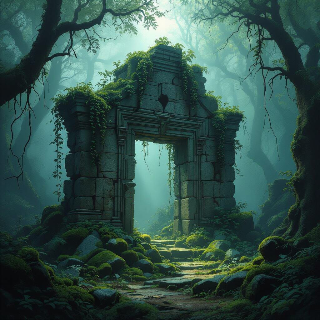 Ancient Forest Ruin Bathed in Ethereal Light