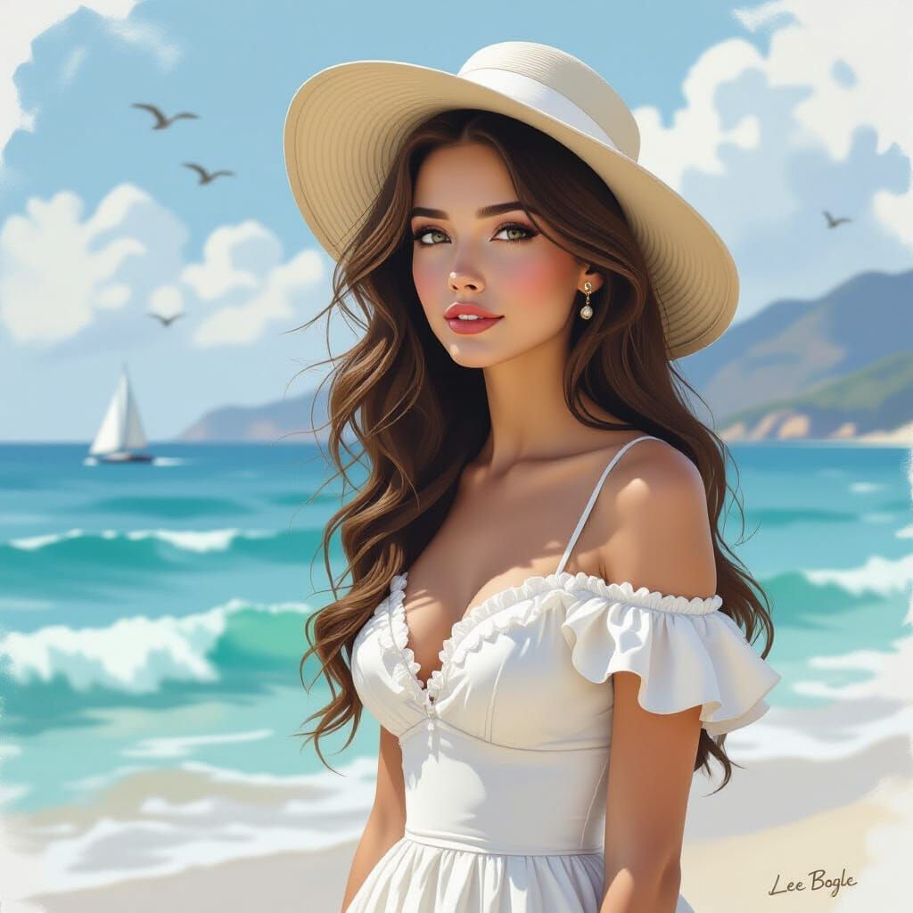 Dreamy Woman Gazing at Sea, Digital Painting