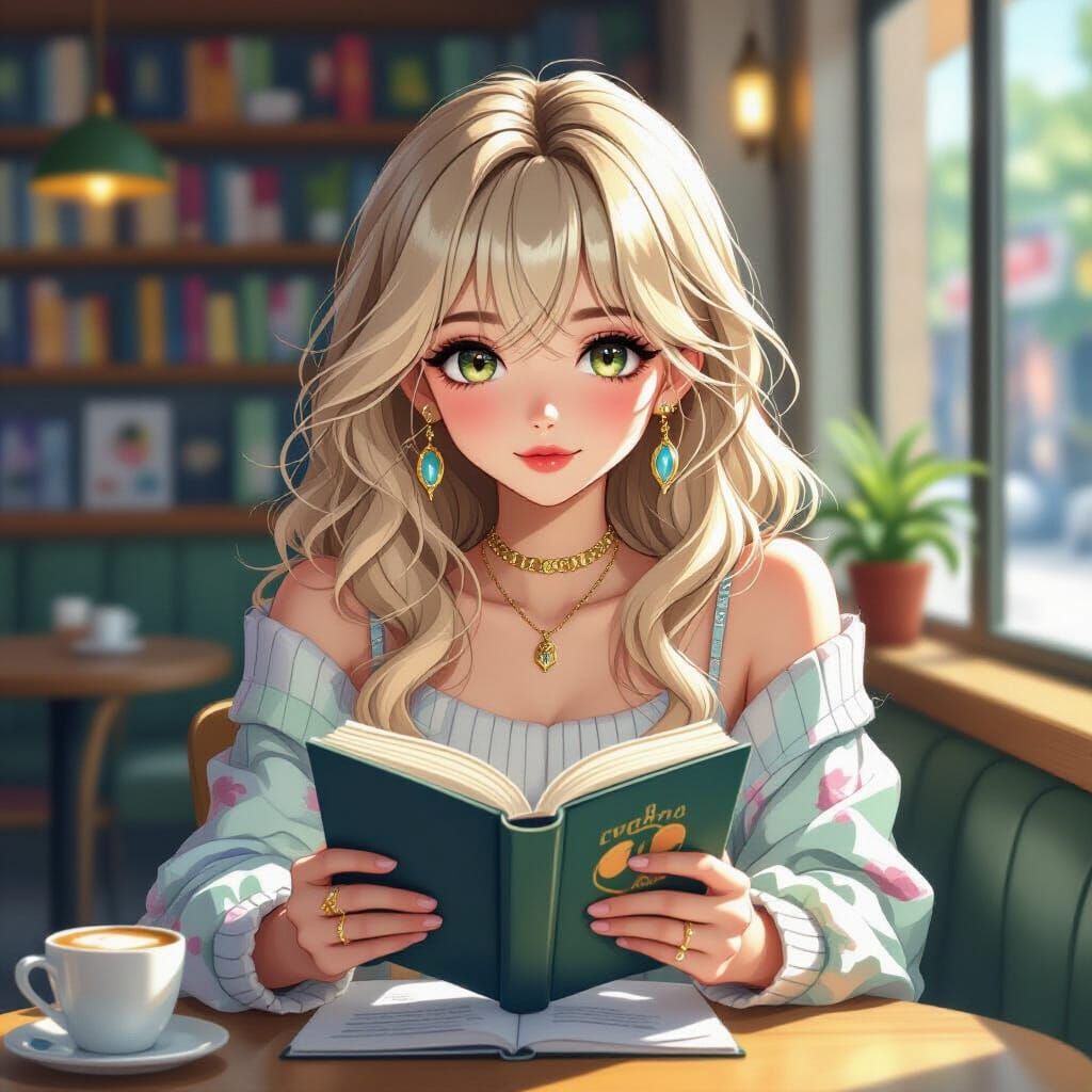 Anime Girl Reading in Cafe, Vibrant 3D Art