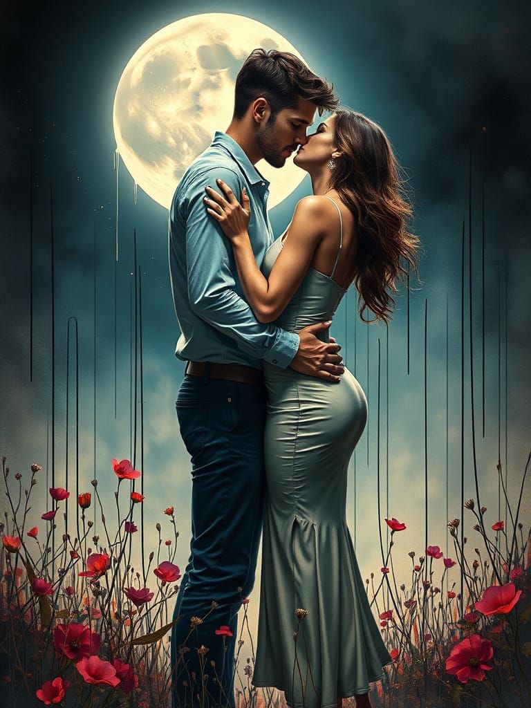 A young couple standing in moonlit field