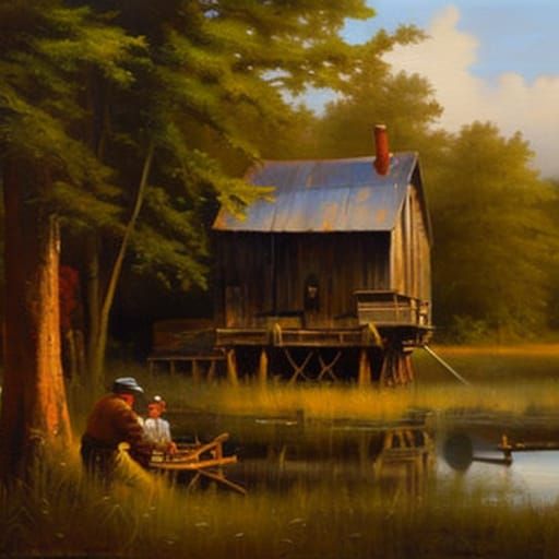 Cajun Banjo Player in Swamp with Sheds