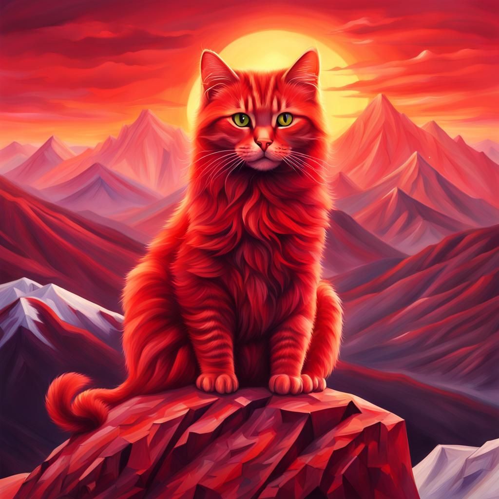 Crystal Red Cat at Mountain Sunset: Hyperrealistic Art