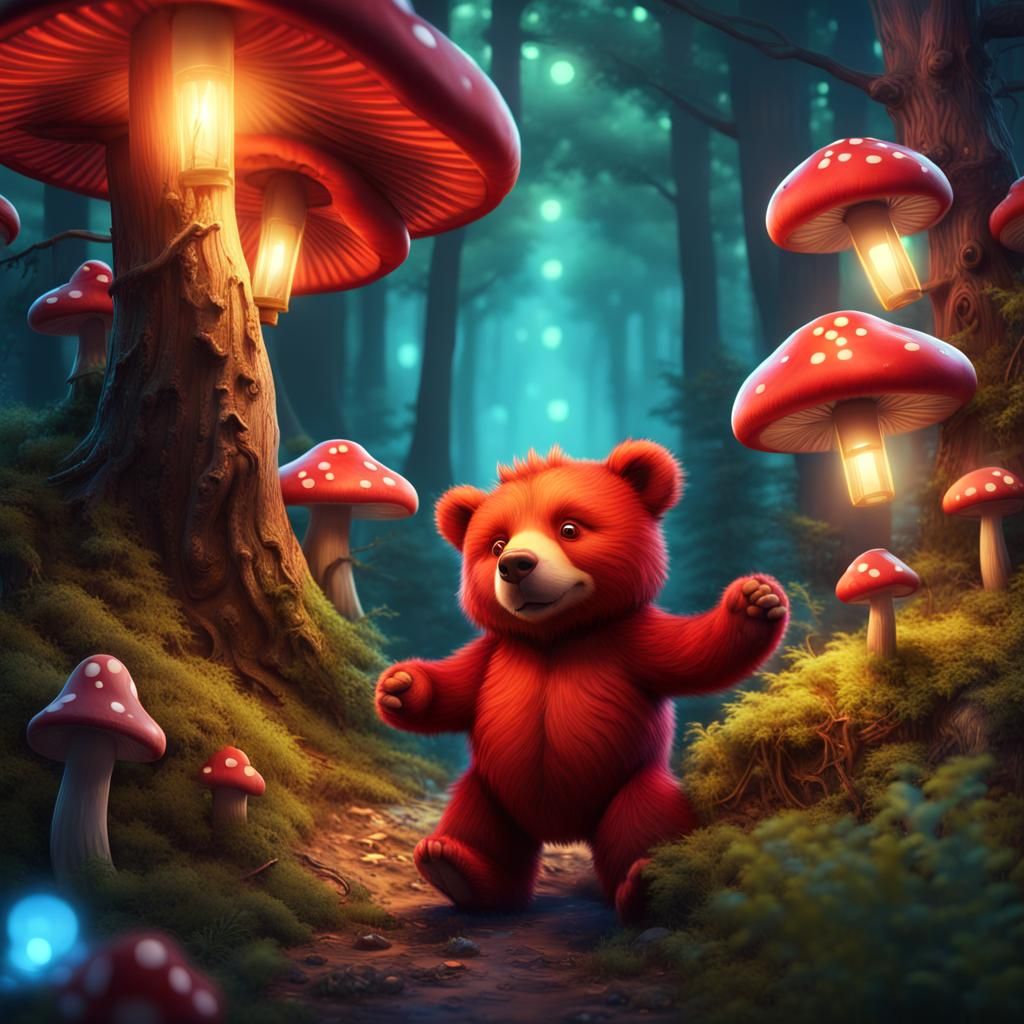 Red Bear in Enchanted Forest Illustration