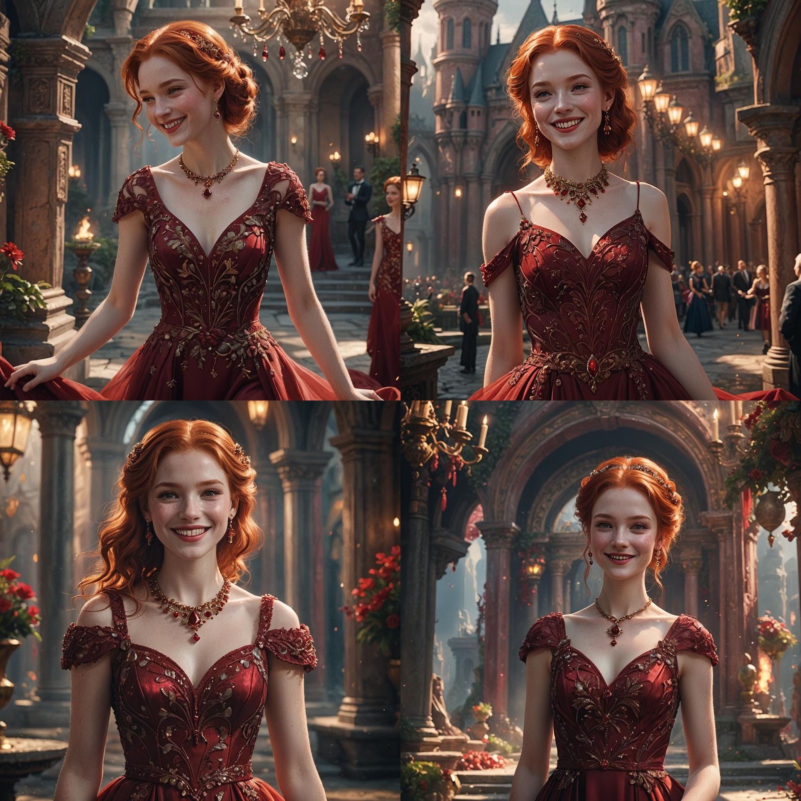 Redhead Woman in Ruby Gown: Detailed Matte Painting